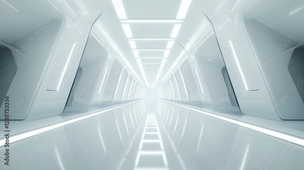 Obraz premium White Futuristic Corridor with Light Panels and Reflective Floor Leading to Bright Opening