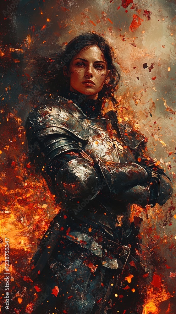 Fototapeta premium A fierce female warrior stands confidently amid a fiery backdrop, clad in dark, shining armor. Her long hair flows dramatically as she gazes intently at the viewer, an expression of determination on h
