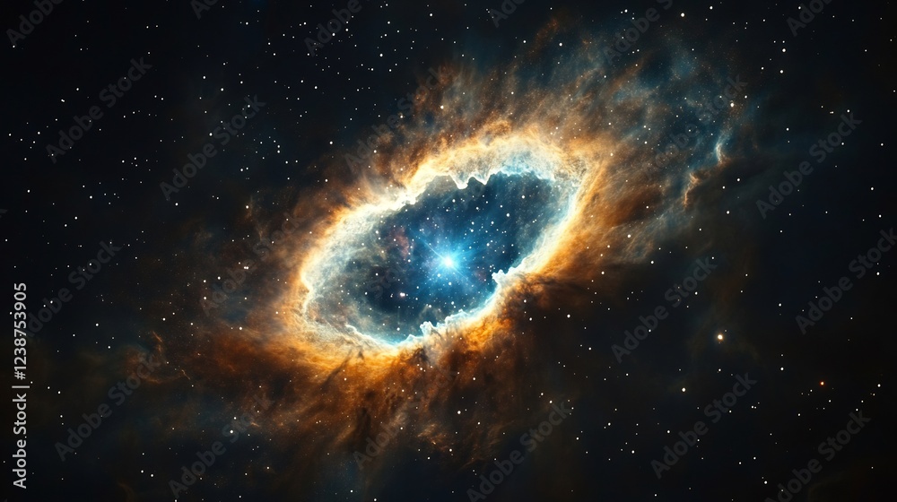 Fototapeta premium Cosmic Nebula Glows Brightly Intense Orange and Blue Hues. AI Generated