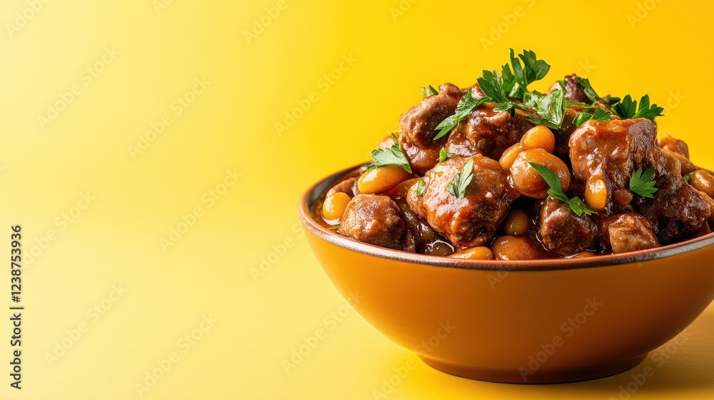 A savory dish of tender beef and beans served in a rustic bowl, complemented by fresh parsley against a bright yellow background, enhancing its appeal and inviting comfort. A savory dish of tender beef and beans served in a rustic bowl, complemented by fresh parsley against a bright yellow background, enhancing its appeal and inviting comfort.