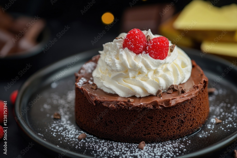 A delicious-looking chocolate cake topped with whipped cream and fresh raspberries, perfect for a sweet treat or dessert A delicious-looking chocolate cake topped with whipped cream and fresh raspberries, perfect for a sweet treat or dessert