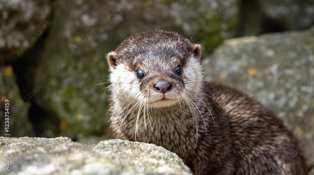 Otter resting on rocky shore, curious and playful, in natural environment Otter resting on rocky shore, curious and playful, in natural environment