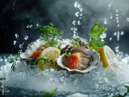 luxurious seafood still life with freshly shucked oysters on crushed ice, garnished with herbs and lemon, dramatic dark background with moody lighting