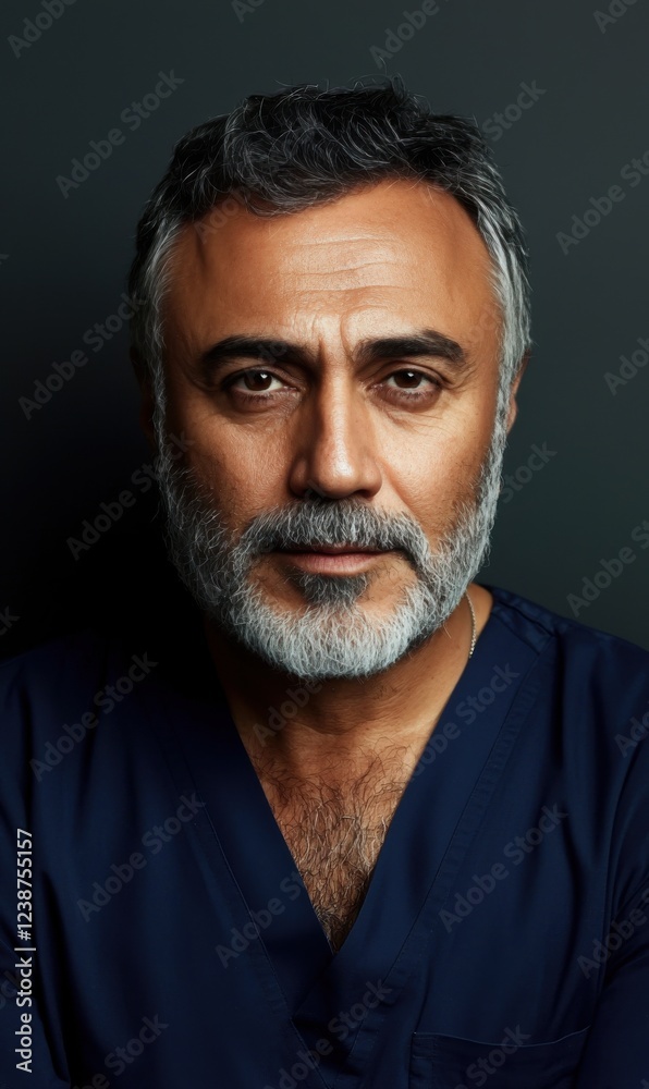 A man with a beard and gray hair is wearing a blue shirt and a white lab coat A man with a beard and gray hair is wearing a blue shirt and a white lab coat