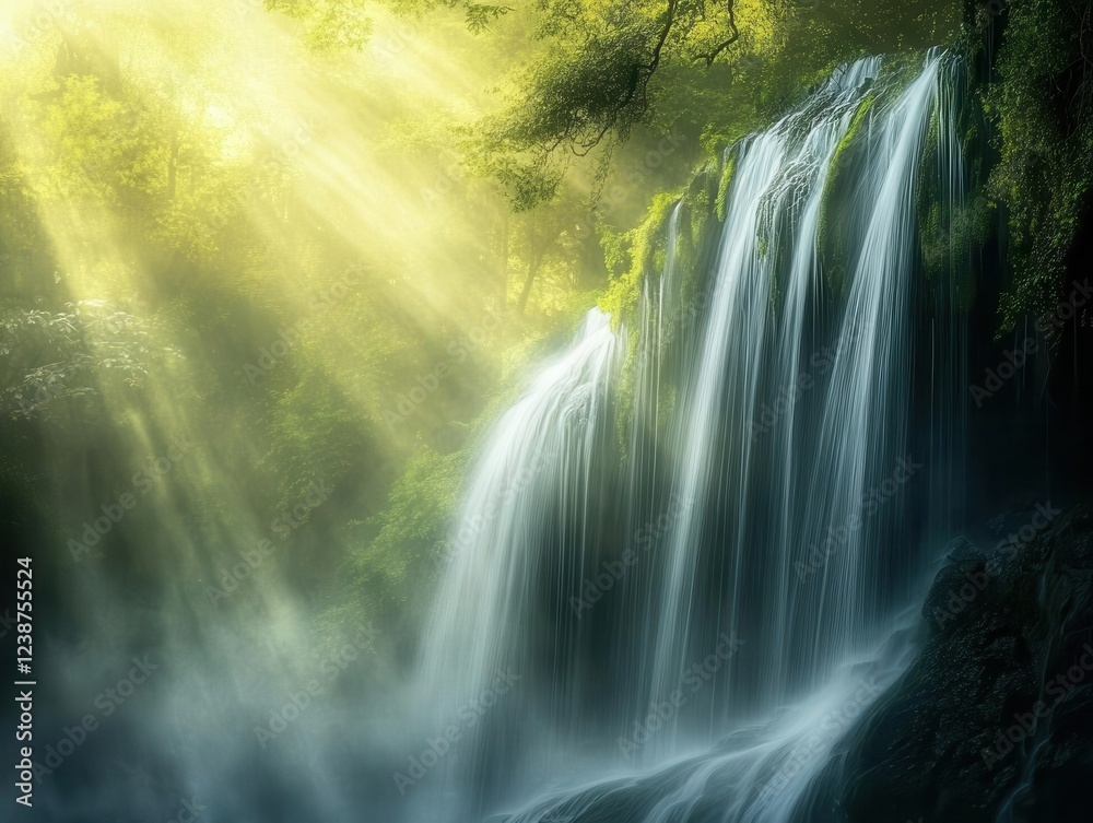 Obraz premium majestic cascading waterfall in misty valley, emerald rainforest canopy, dramatic morning light, ethereal atmosphere