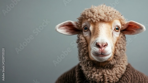 A captivating image of a cheerful sheep wearing a cozy sweater, embodying warmth and friendliness, showcasing a unique blend of charm and cuteness in animal photography. photo