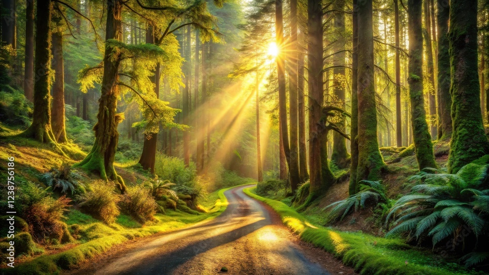 Obraz premium Sunlit Forest Path A Winding Road Through Lush Greenery and Moss-Covered Trees at Dawn