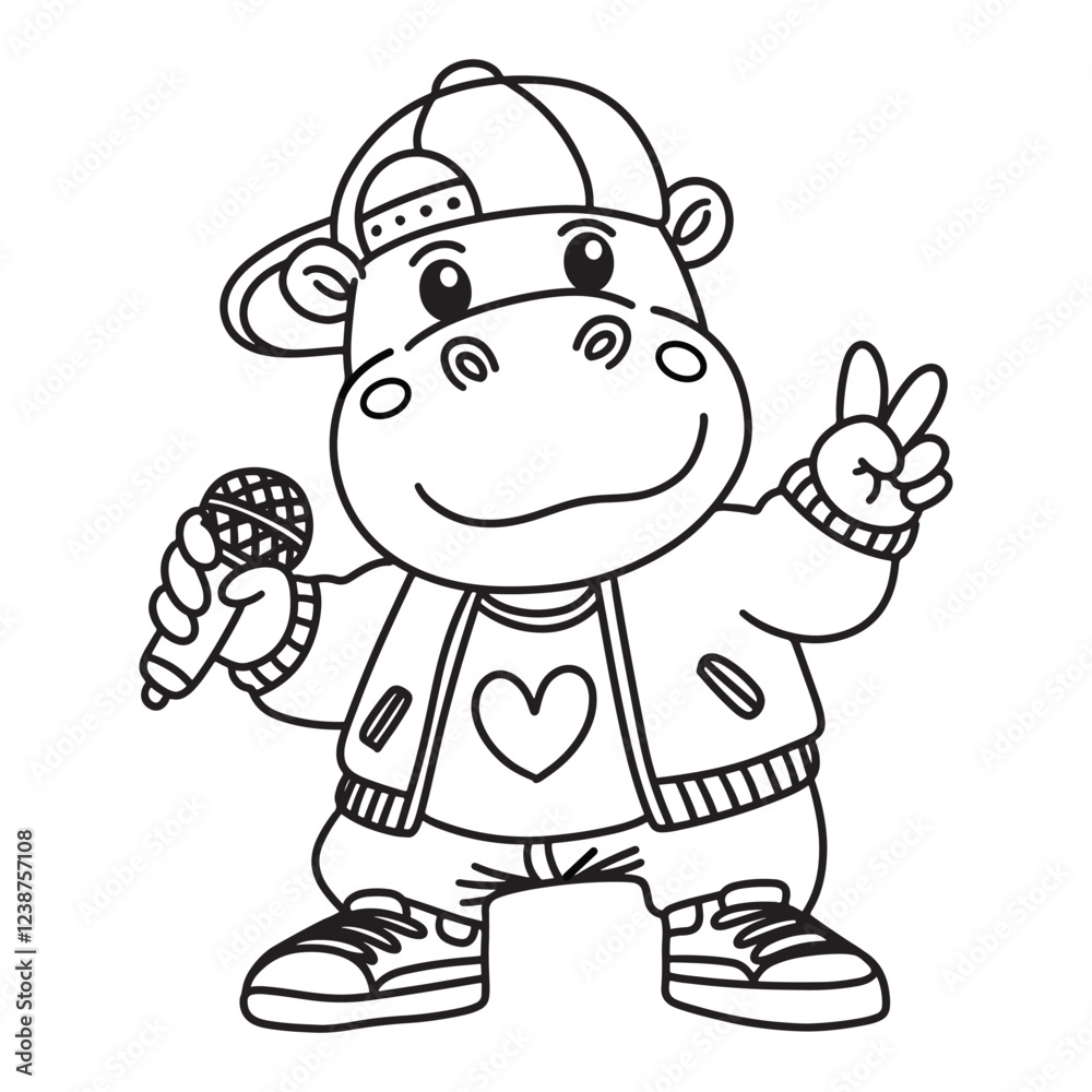Line art of hippo the singer holding microphone and showing two fingers. Line art of hippo the singer holding microphone and showing two fingers.