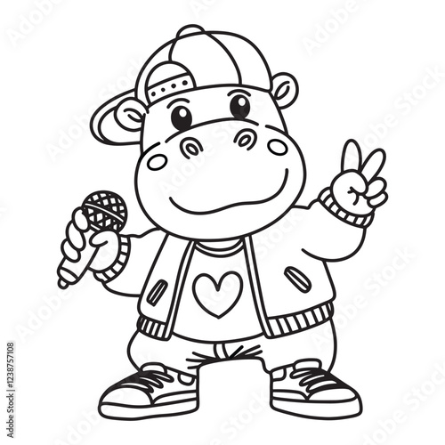 Line art of hippo the singer holding microphone and showing two fingers.