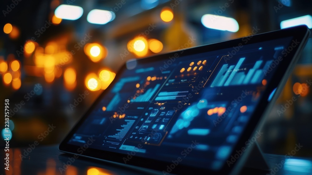 Production management software running on a tablet displays real time data. Charts. And key performance indicators - kpis - in a modern. Automated factory setting. Enhancing efficiency and Production management software running on a tablet displays real time data. Charts. And key performance indicators - kpis - in a modern. Automated factory setting. Enhancing efficiency and