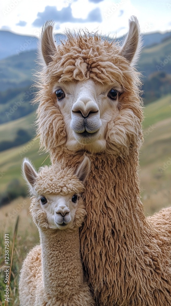 Obraz premium A fluffy adult alpaca stands proudly with its curious cria in a vibrant green landscape. They share a moment of tenderness against a backdrop of rolling hills and soft clouds, showcasing their bond