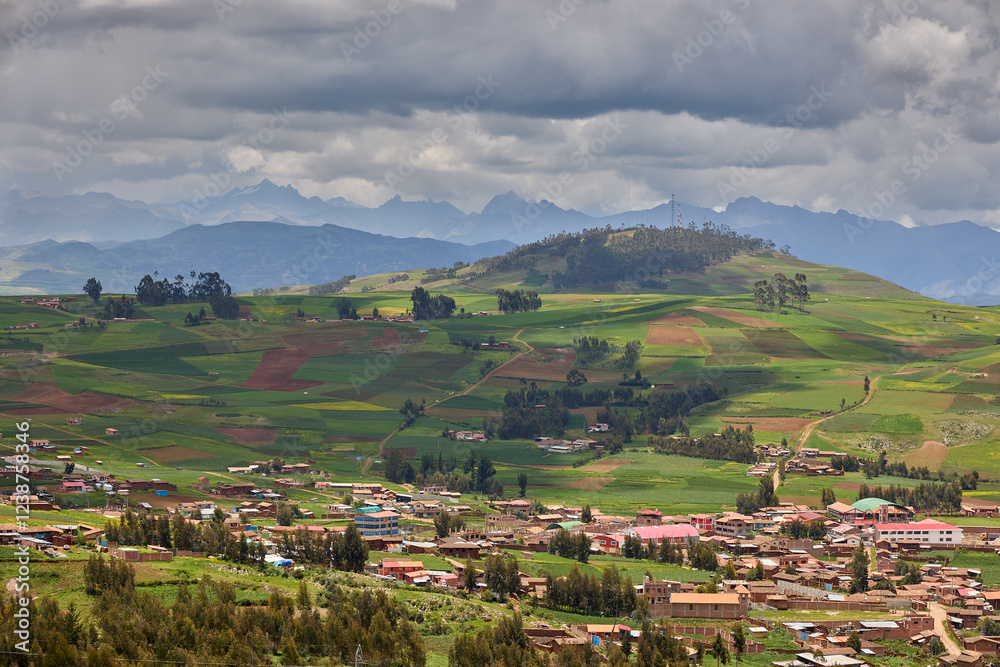 Fototapeta premium Endless beauty in the farmlands near Moray and Maras, where ancient techniques meet breathtaking landscapes. The heart of Peru’s agricultural history still thrives here.