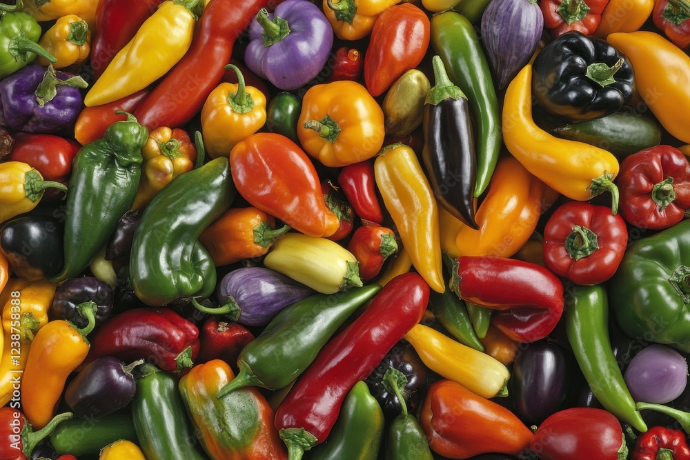 Colorful Arrangement of Fresh Peppers in Various Shapes and Colors Colorful Arrangement of Fresh Peppers in Various Shapes and Colors