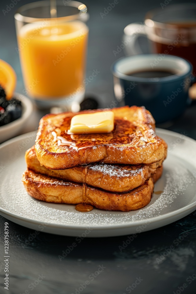 Delicious French toast with maple sirup, next to a glass of fresh orange juice and cup of coffee. On bistro countertop.
Delicious French toast with maple sirup, next to a glass of fresh orange juice and cup of coffee. On bistro countertop.