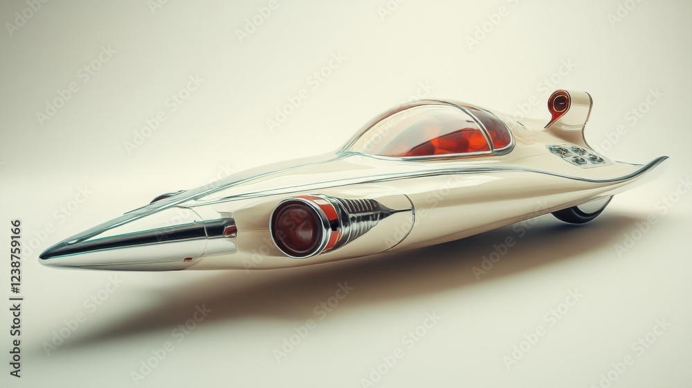 Futuristic silver jet car with sleek design and red accents on white background Futuristic silver jet car with sleek design and red accents on white background