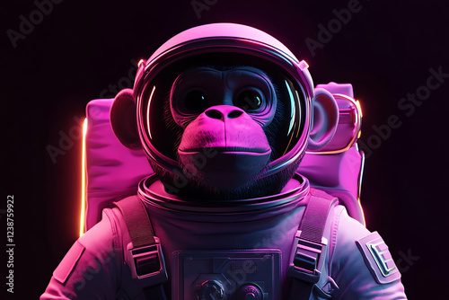 a chimpanzee wearing an astronaut spacesuit, monkey wearing a space suit, a monkey, monkey, monkey wearing an astronaut spacesuit, neon, black background, dark background, 3d rendering photo