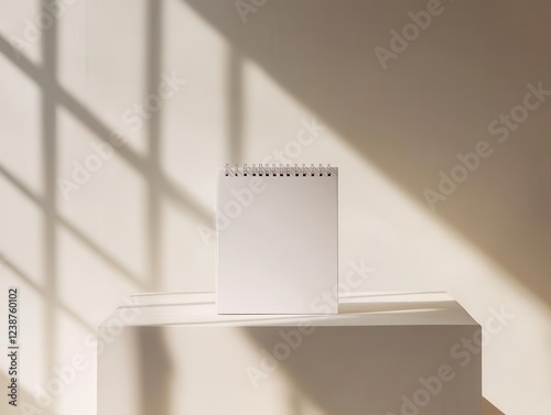 minimalist desk calendar floating in soft light, pristine white pages suspended in clean space, gentle shadows, matte finish, professional product photography photo