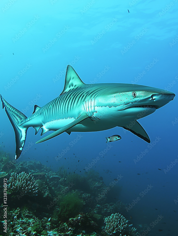 Fototapeta premium Tiger shark swimming over vibrant coral reef.