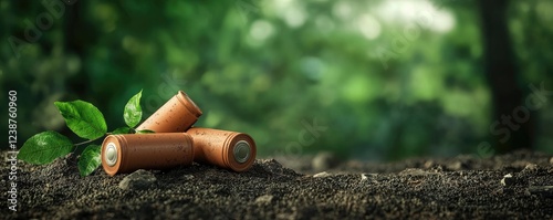 Two batteries lie on the soil with a green leaf nearby, highlighting the intersection of technology and nature. photo