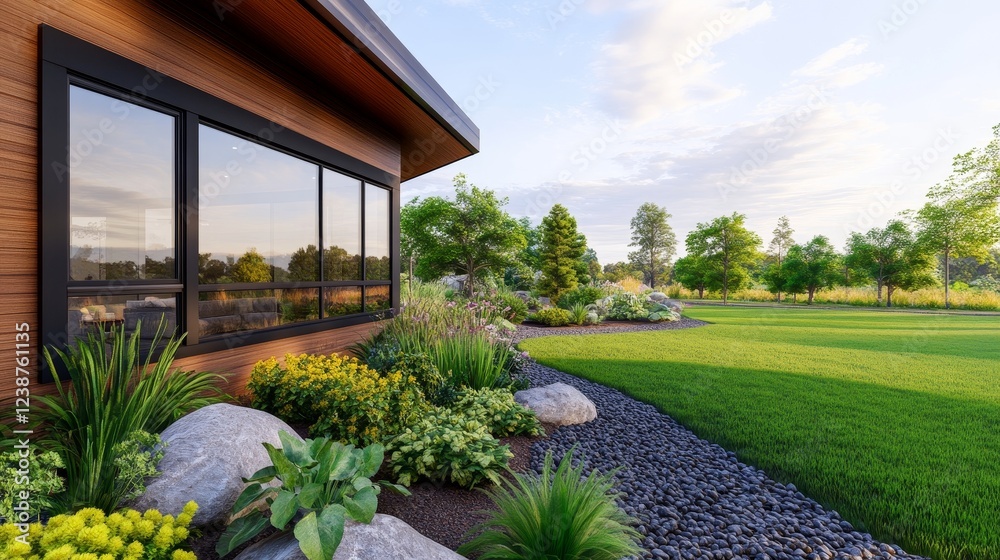 Naklejka premium Modern home exterior with lush garden, vibrant flower, and scenic landscape under clear sky