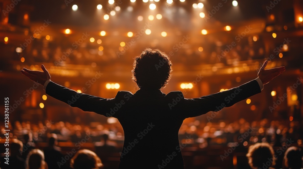 Conductor facing orchestra in elegant theater with audience under warm stage lights Conductor facing orchestra in elegant theater with audience under warm stage lights