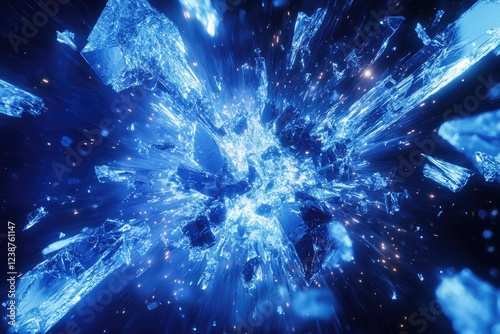 Blue sparks and energy bursting outwards in a fractal-like explosion effect. photo