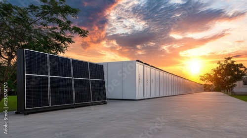 The image features solar panels and energy storage units under a vibrant sunset, showcasing renewable energy technology in a natural setting. photo