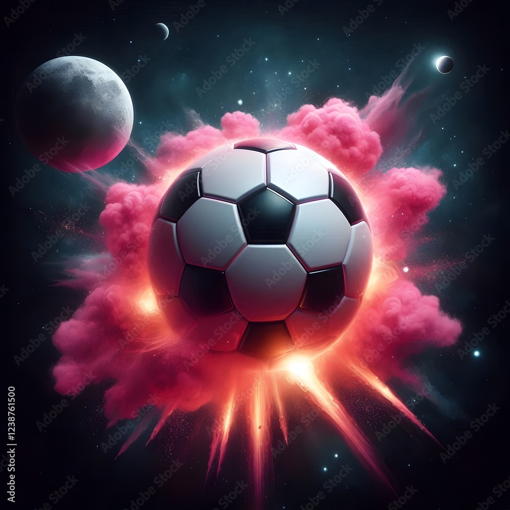 Fototapeta premium A photo realistic soccer ball as a planet in space with pink smoke and explosions, with two moons in the background, digital art