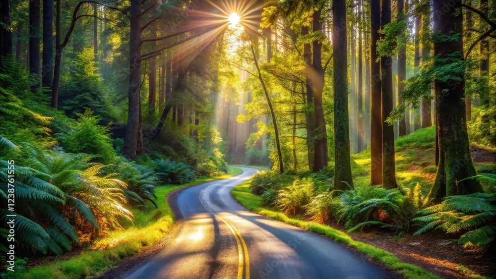 Obraz premium Sunlit Path Winding Through a Lush Forest Canopy