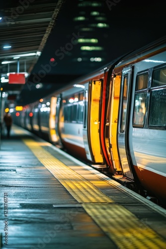 A quiet nighttime scene of a subway train station with passengers waiting for their trains photo