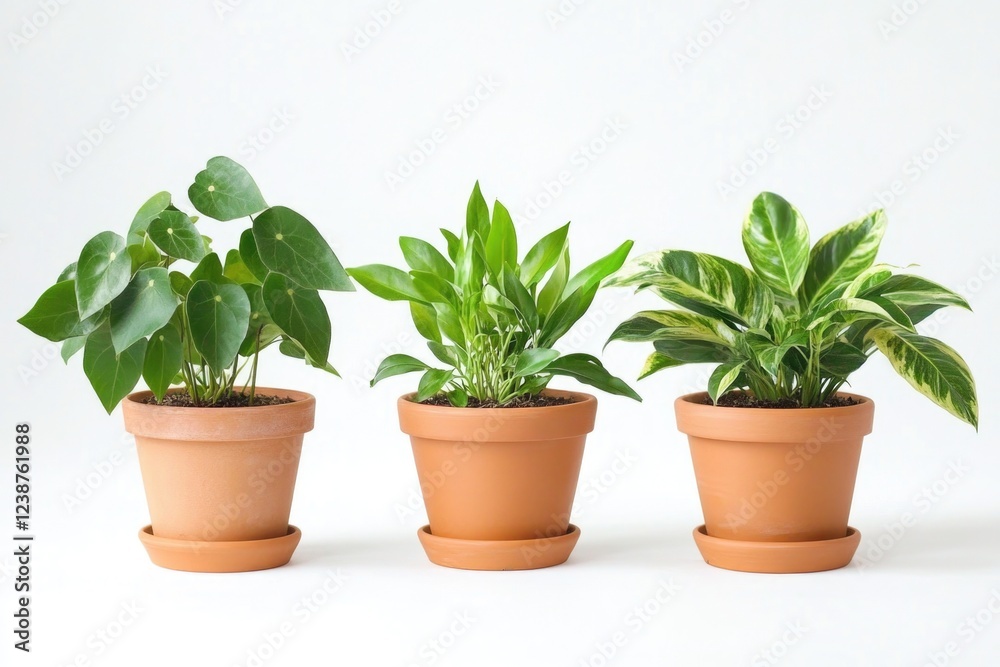 Three small plants sit on a white surface Three small plants sit on a white surface