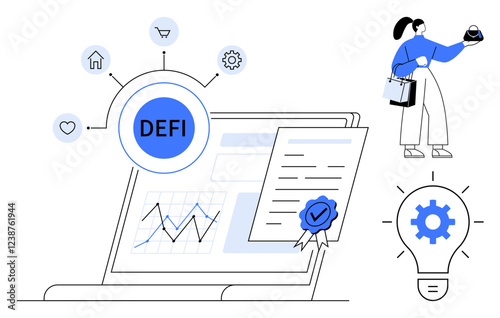 Laptop displaying graphs, DeFi elements, certificate with check mark, woman holding globe and shopping bags, light bulb with gear. Ideal for fintech, blockchain, innovation, finance digital