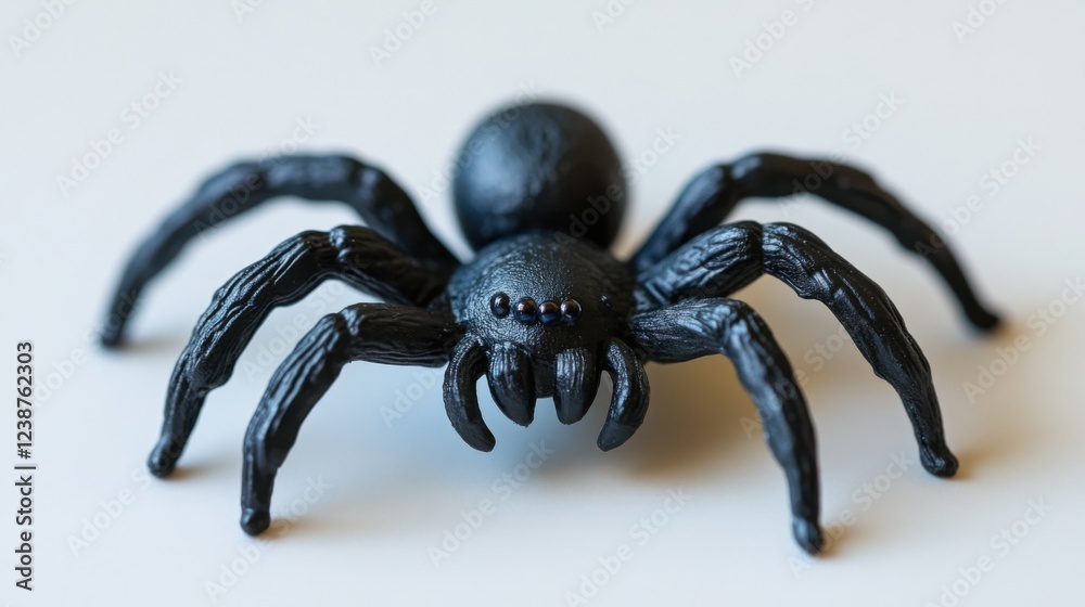Realistic black spider figurine with detailed legs and eyes on white background Realistic black spider figurine with detailed legs and eyes on white background