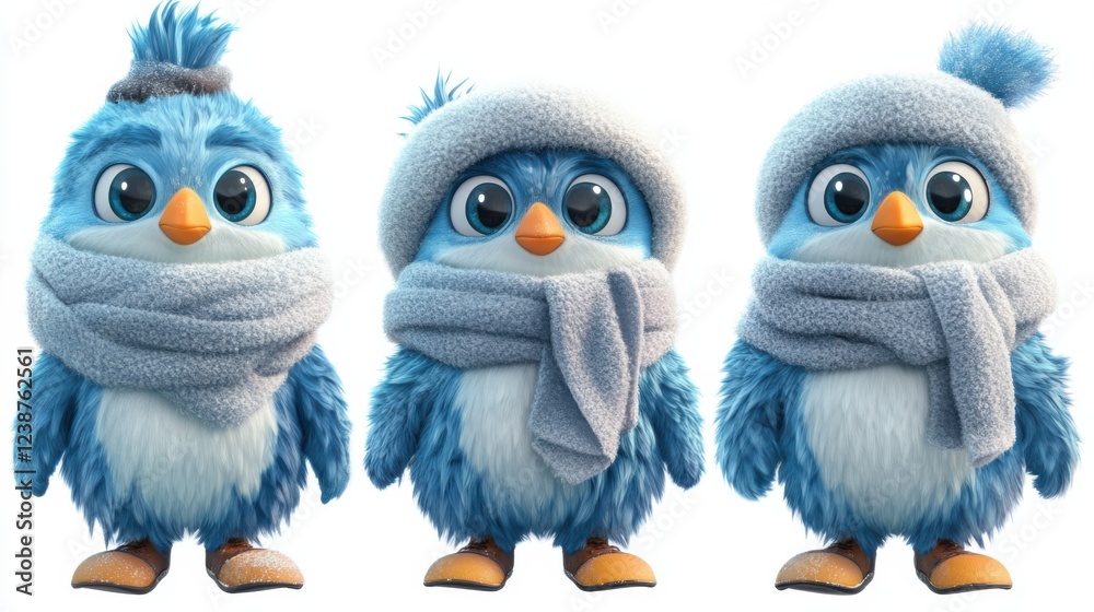 Fototapeta premium Three cute blue birds wearing winter hats and scarves with large eyes