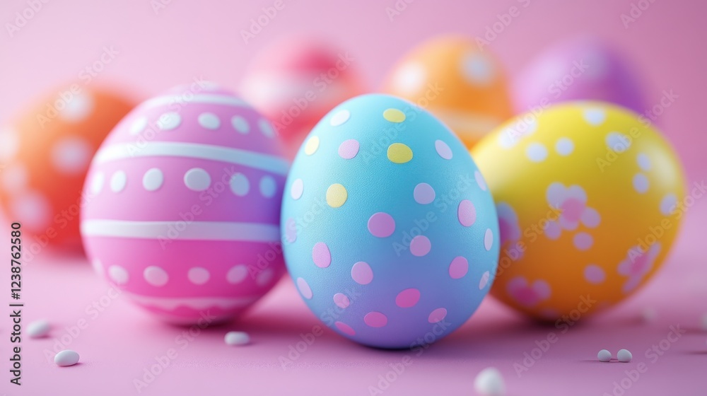 Colorful easter eggs with polka dot patterns on pink background Colorful easter eggs with polka dot patterns on pink background