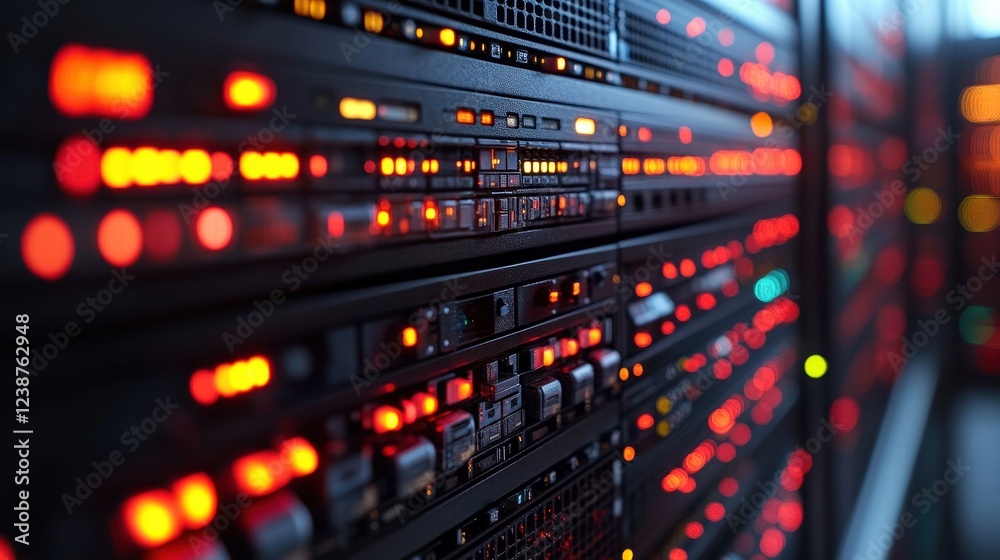 Close-up view of illuminated server racks in a data center showcasing active network activity Close-up view of illuminated server racks in a data center showcasing active network activity