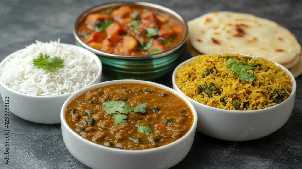 A variety of Indian cuisine, including curries and rice dishes, presented in white bowls on a blue table. The food is ready to be served and enjoyed. A variety of Indian cuisine, including curries and rice dishes, presented in white bowls on a blue table. The food is ready to be served and enjoyed.