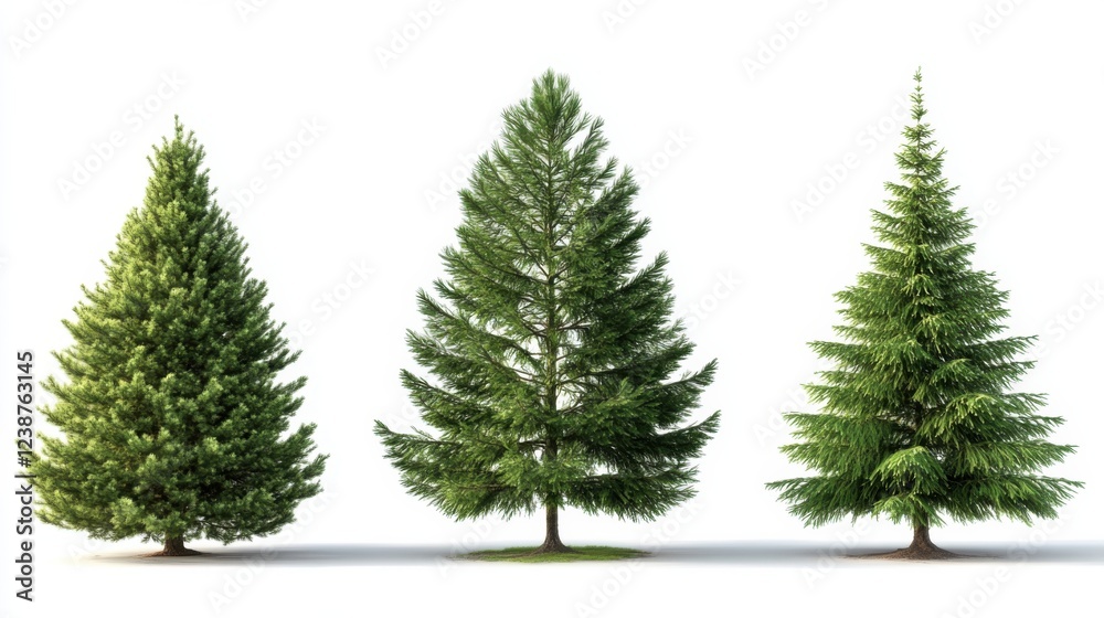 Three different conifer trees isolated on white background Three different conifer trees isolated on white background