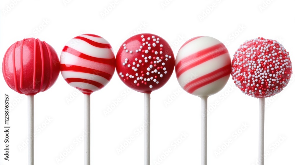 Colorful red and white candy lollipops with stripes and sprinkles on sticks Colorful red and white candy lollipops with stripes and sprinkles on sticks