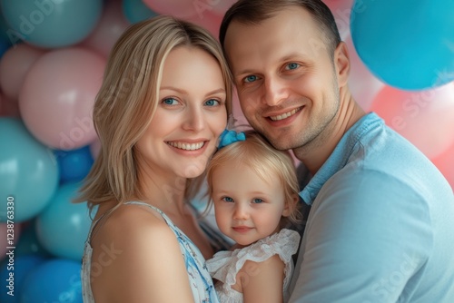 Parents smile lovingly while holding their baby, framed by pastel balloons, while another family enjoys outdoor bike rides, filling the scene with happiness and activity. photo