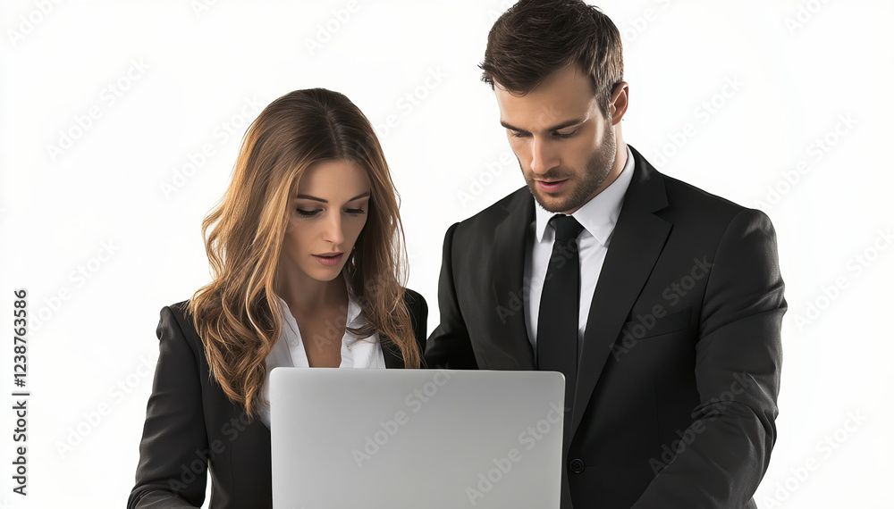 a businessman and businesswoman reviewing content on a laptop, portraying focus, professionalism, and teamwork. It is perfect for corporate marketing and business presentations. a businessman and businesswoman reviewing content on a laptop, portraying focus, professionalism, and teamwork. It is perfect for corporate marketing and business presentations.