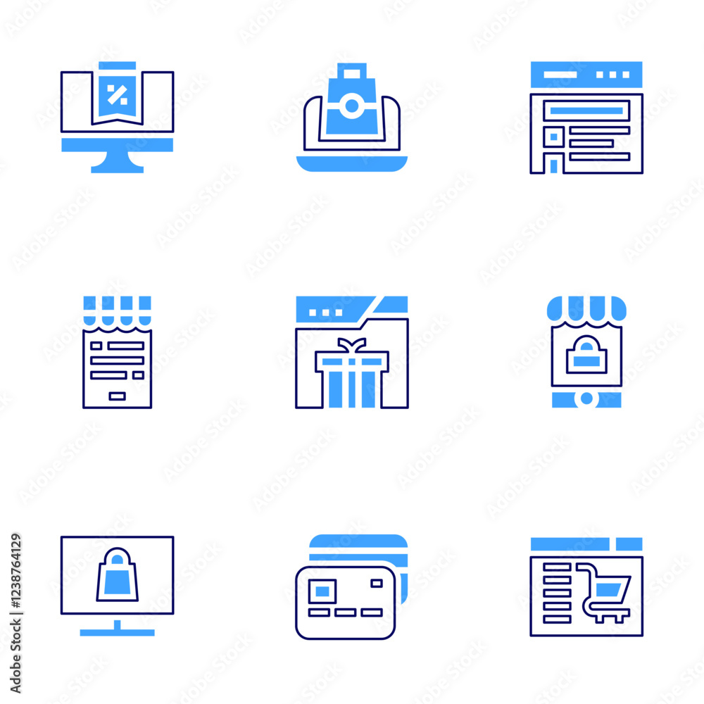 Online shopping icon set. Bold line style. Duotone colors. Editable stroke. credit card, online shopping, shopping, online shop, online store, online, monitor, e commerce Online shopping icon set. Bold line style. Duotone colors. Editable stroke. credit card, online shopping, shopping, online shop, online store, online, monitor, e commerce