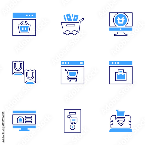 Online shopping icon set. Bold line style. Duotone colors. Editable stroke. browser, shopping cart, online discount, computer, shopping online, add to cart, electronics, online supermarket, glasses