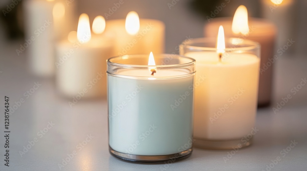 A serene display of various candles glowing softly, setting a calming atmosphere perfect for relaxation and meditation. A serene display of various candles glowing softly, setting a calming atmosphere perfect for relaxation and meditation.