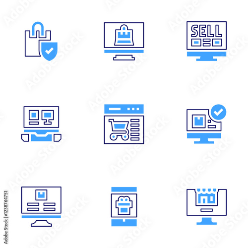 Online shopping icon set. Bold line style. Duotone colors. Editable stroke. onlineshopping, shoppingonline, computer, electronics, smartphone, onlineshop, sell