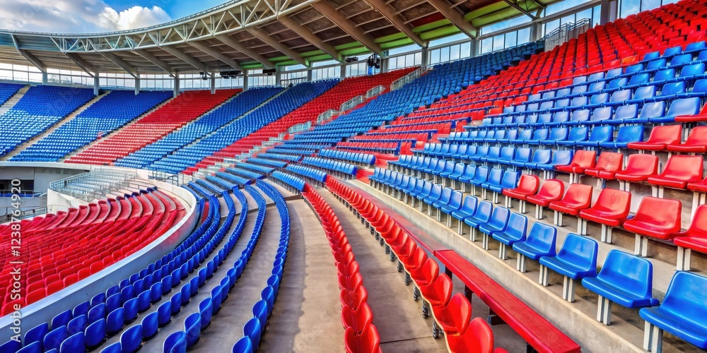 Fototapeta premium Colorful stadium seating area with red and blue bleachers arranged in a curved formation, football stadium, sports arena