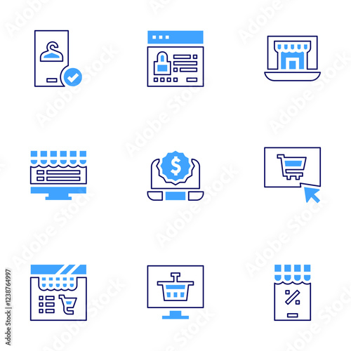 Online shopping icon set. Bold line style. Duotone colors. Editable stroke. tag, mail, search, online money, e wallet, monitor, online order, virtual reality shopping, online shop