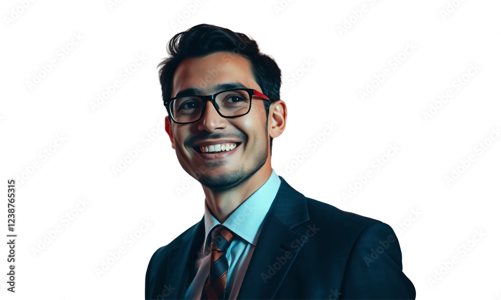 Photo of a business man wearing formal office attire, with a friendly smile and glasses, reflects a professional and confident attitude in the business world. Photo of a business man wearing formal office attire, with a friendly smile and glasses, reflects a professional and confident attitude in the business world.