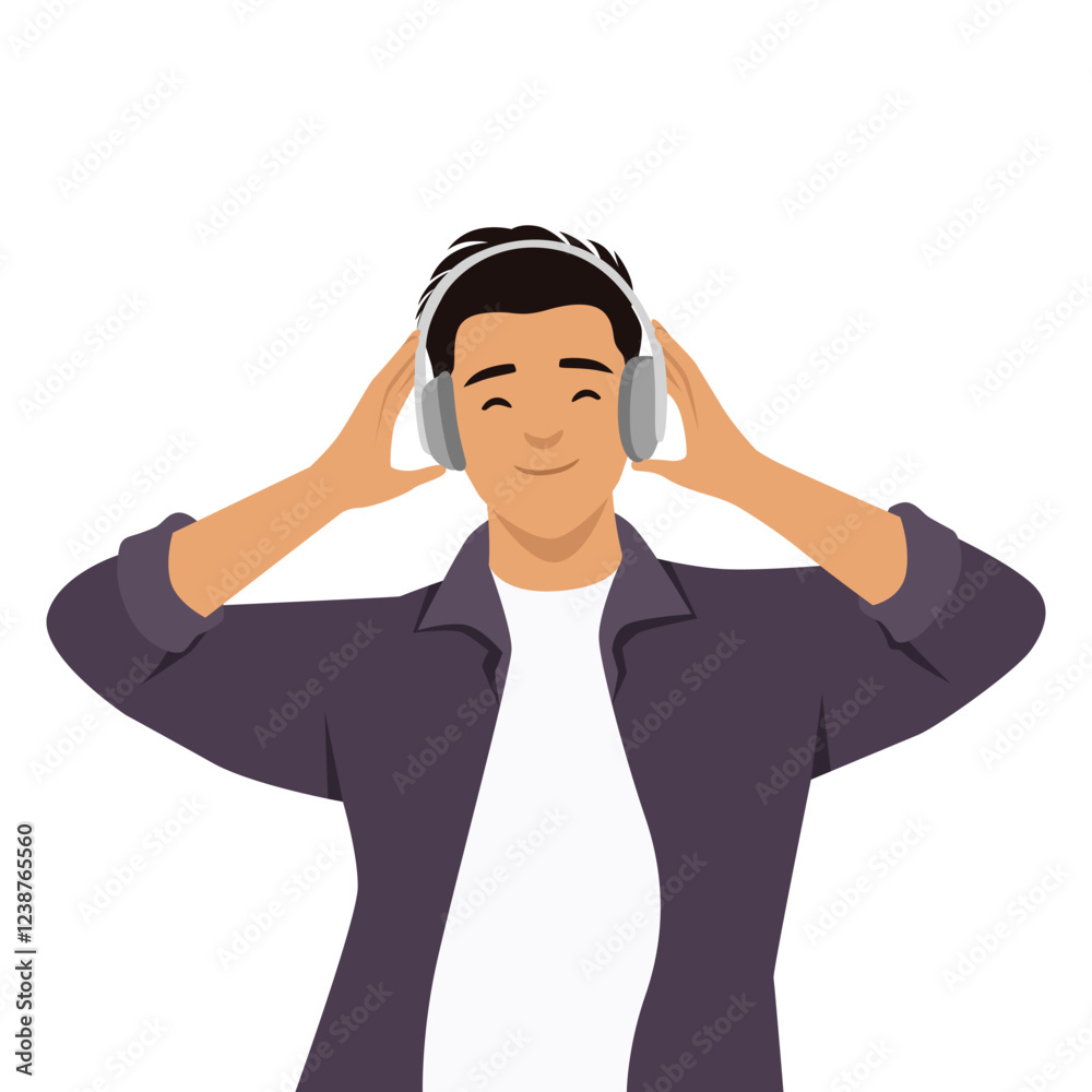 Man wearing headphones and enjoying music with a relaxed expression. Flat vector illustration isolated on white background Man wearing headphones and enjoying music with a relaxed expression. Flat vector illustration isolated on white background