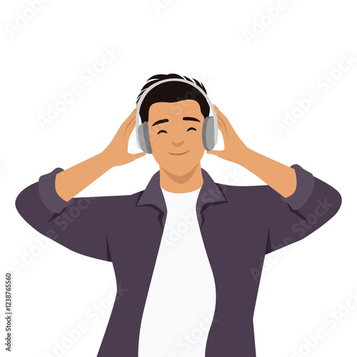 Man wearing headphones and enjoying music with a relaxed expression. Flat vector illustration isolated on white background